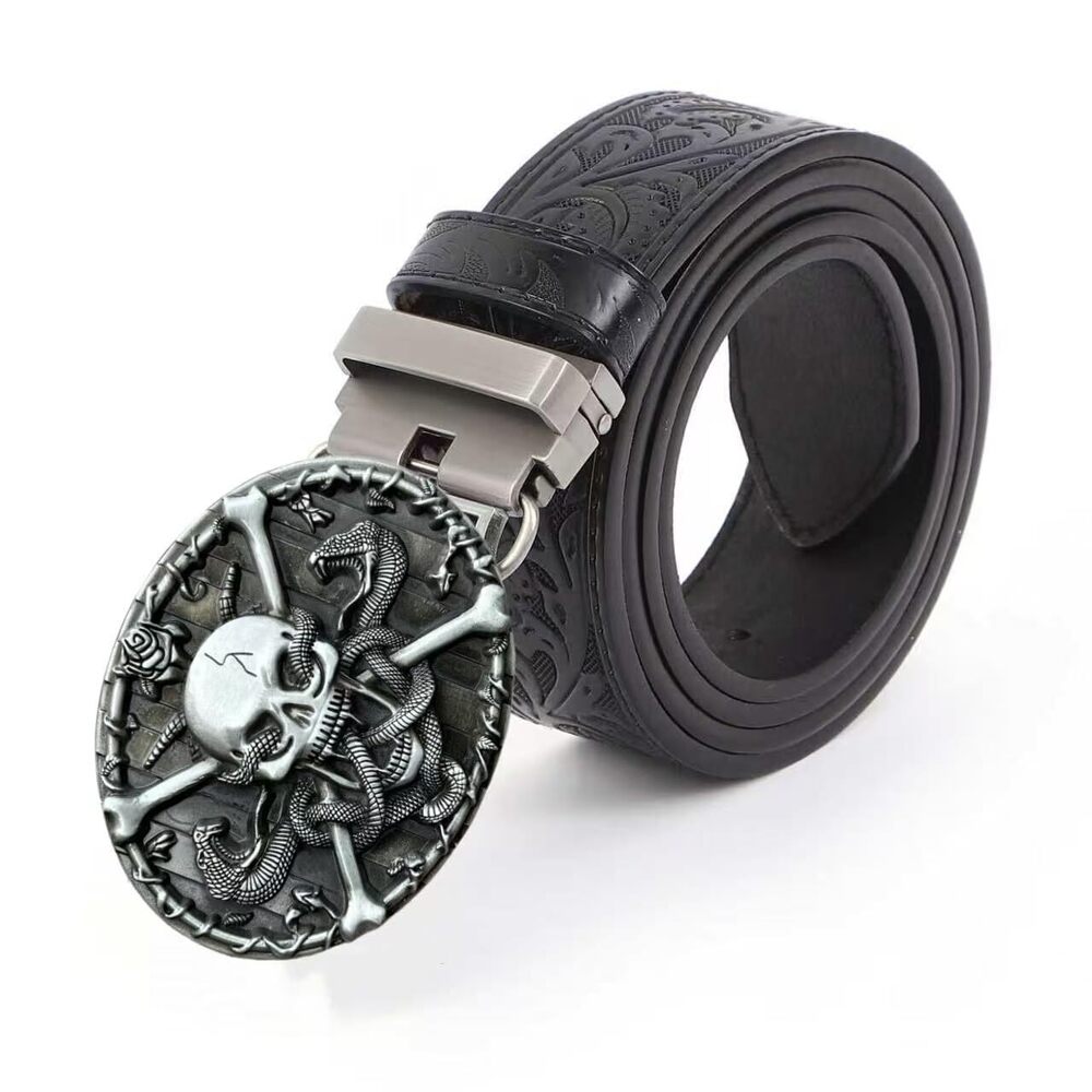 9524 Skull Head Buckle Leather Belt Waist Band, Jeans Decorative Punk Belt